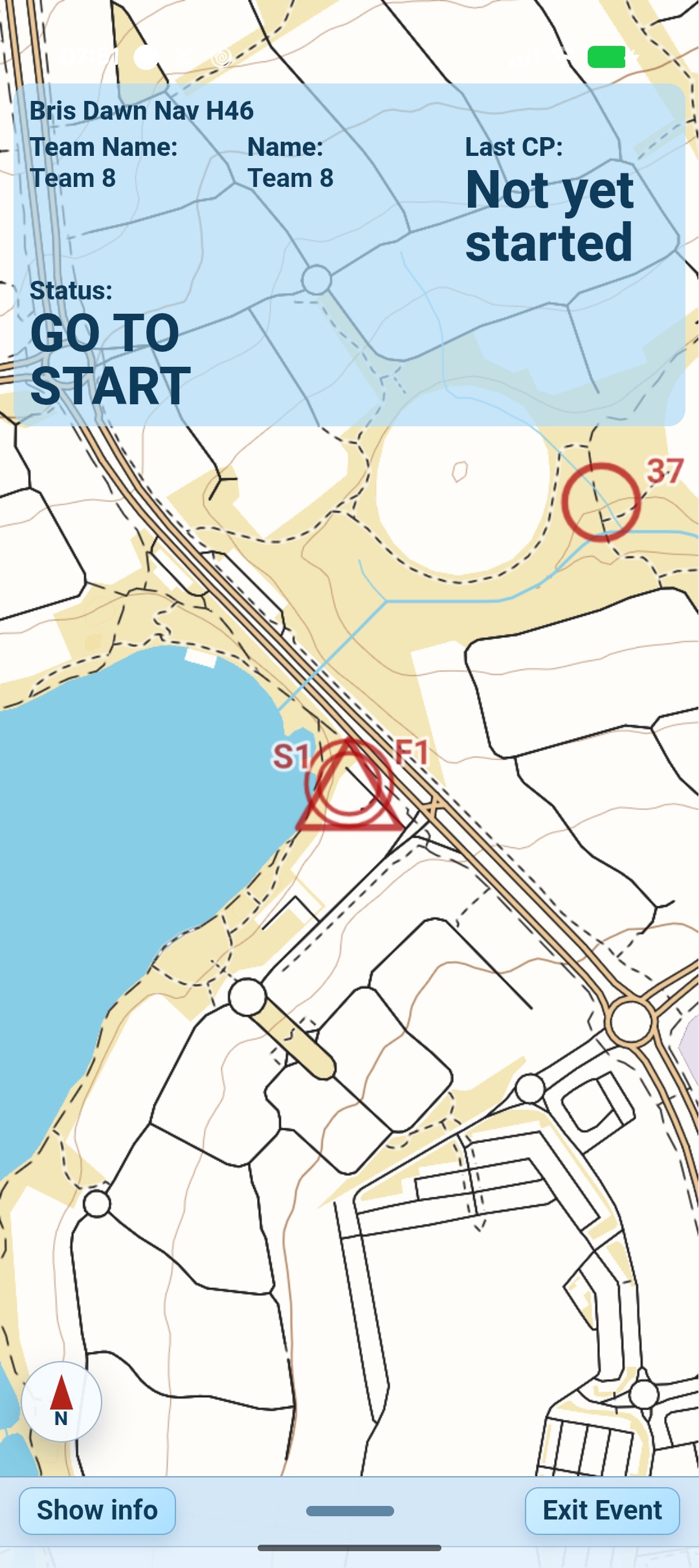Navgame mobile app in Event Mode for a standard start-anytime event showing the course map and Go to Start status