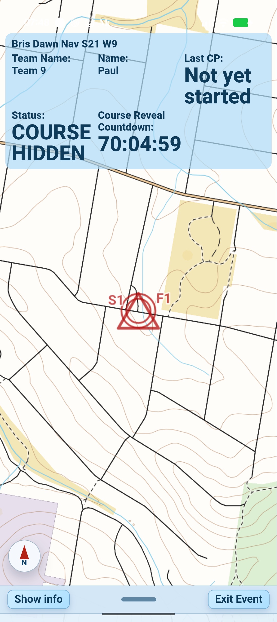 Navgame mobile app in Event Mode for a standard fixed-start event with the course hidden and a course reveal countdown