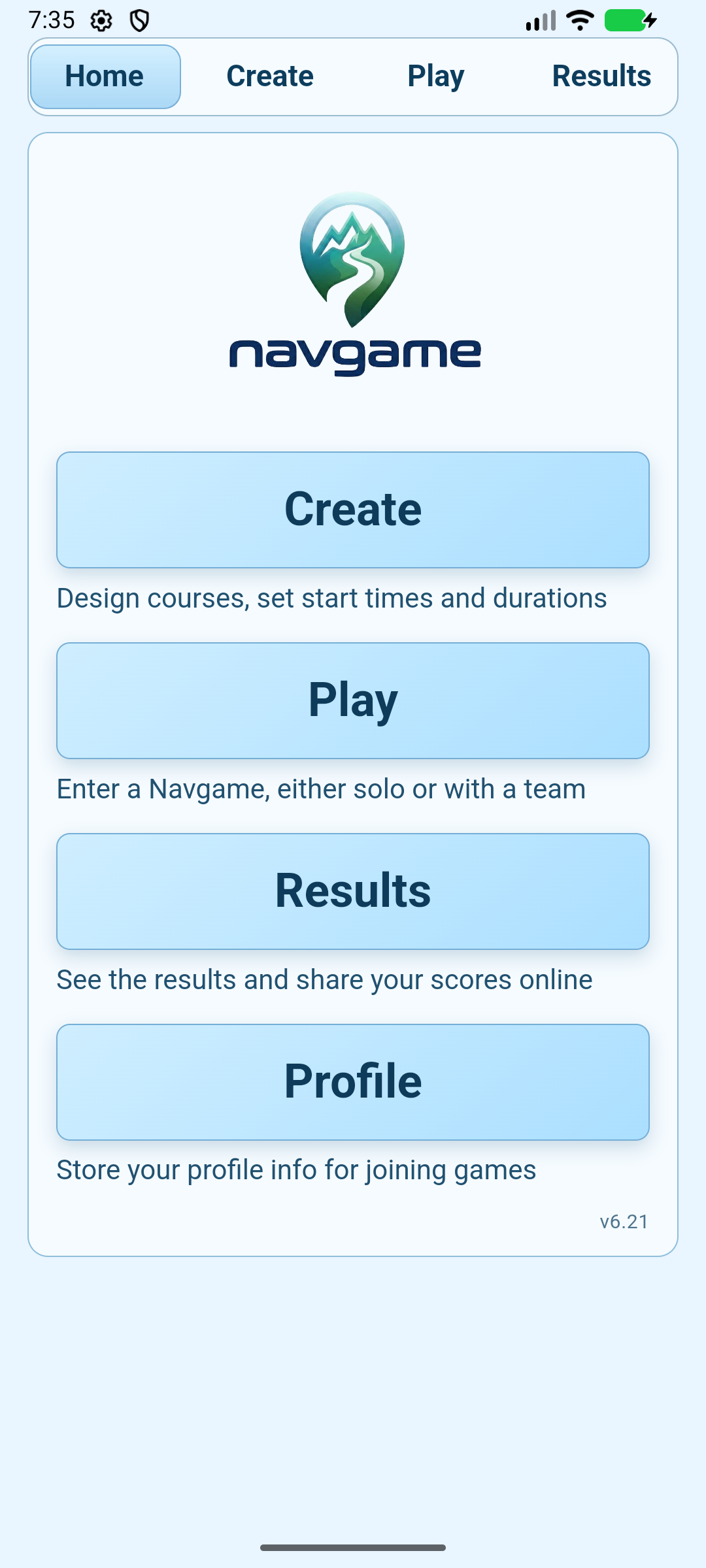 Navgame mobile app Home screen with Create, Play, Results and Profile buttons