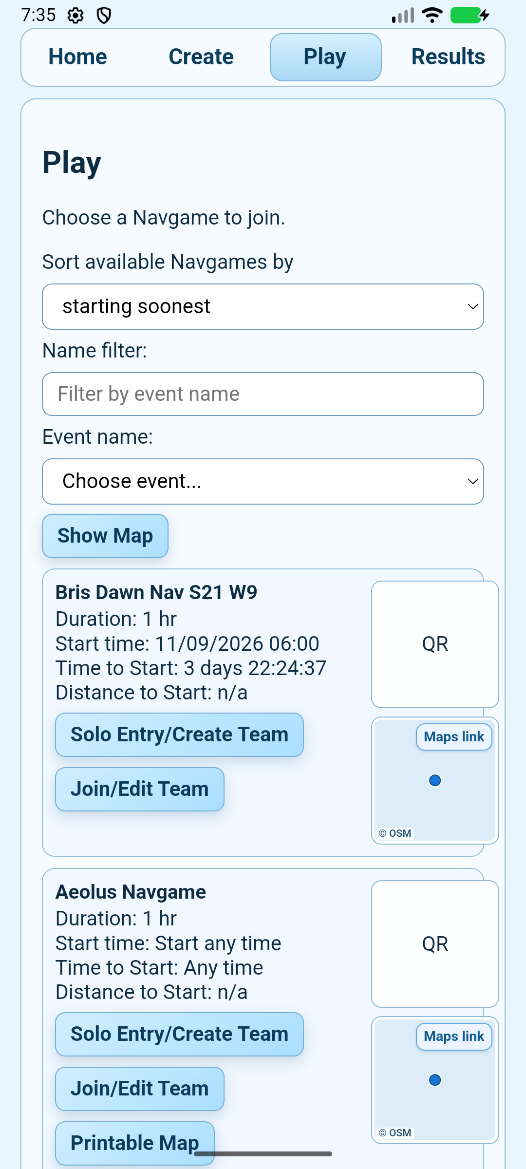 Navgame mobile app Play screen showing event search and entry buttons